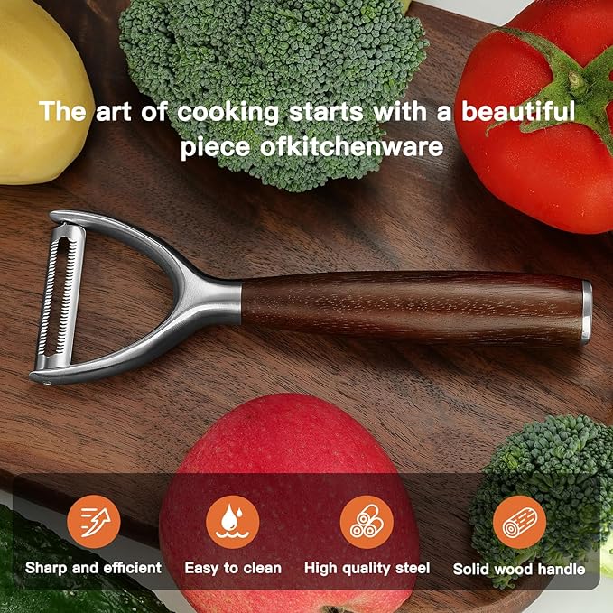 Serrated Blade Premium Y Type 304 Stainless Steel Multifunctional Kitchen Peeler Real Wood Handle Ultra Sharp Blade Vegetable Potato Apple(Carbonized Wood) - Bloomnest