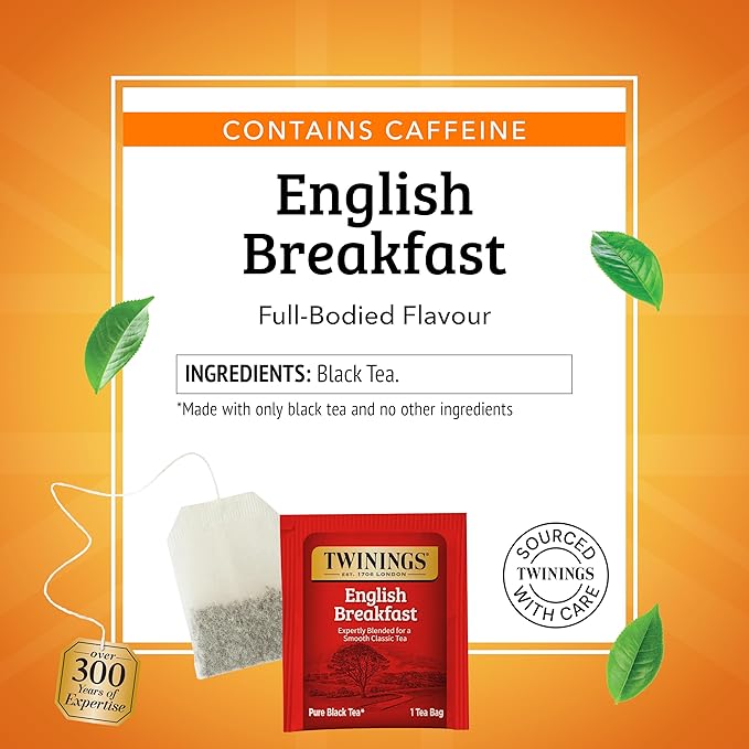 Twinings English Breakfast Black Tea Individually Wrapped Bags, 100 Count (Pack of 1), Smooth, Flavourful, and Robust, Caffeinated, Enjoy Hot or Iced, 100 Teabags - Bloomnest