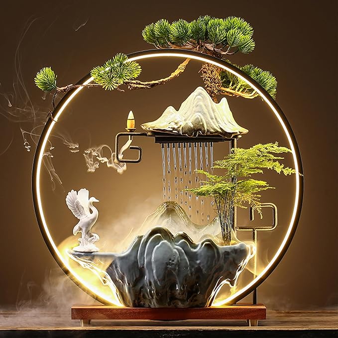 Crane Tabletop Fountain Indoor Waterfall Fountain Office Tabletop Water Fountain with Lights Backflow Incense Burner Ceramic Indoor Zen Decor for Home Office Yoga Meditation (Crane) - Bloomnest