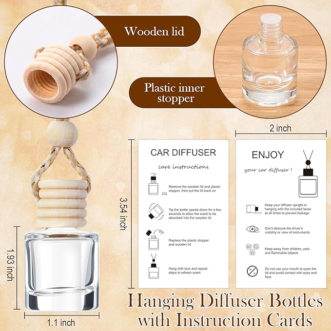 Boao 100 Sets Hanging Car Air Freshener Diffuser Bottles Empty Bulk with Car Diffuser Instruction Cards Organza Bags Glass Refillable Essential Oil Fragrance Aromatherapy Pendant (Cylindrical,Clear) - Bloomnest