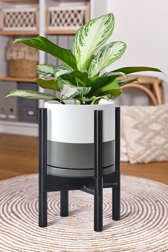 D'vine Dev Ceramic Planter with Ebony Stand - 8 Inch Modern Round Flower Pot with Wood Planter Holder, White/Grey, 55-B-M-6 - Bloomnest