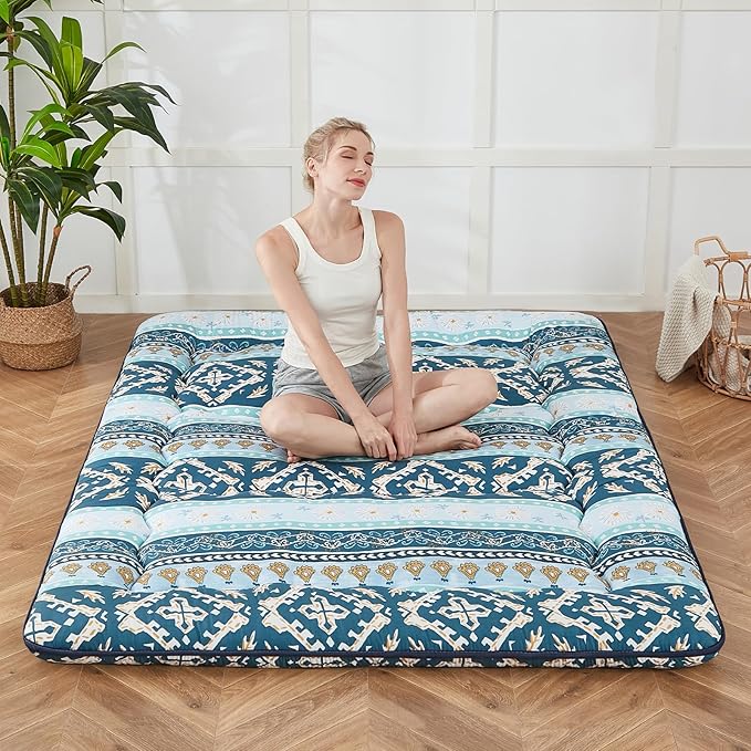 Japanese Floor Mattress, Futon Mattress with Portable Storage Bag and Washable Cover, Roll Up Thick Tatami Mat Suitable for Camping, Guest Room (Blue Striped Jacquard, Full) - Bloomnest