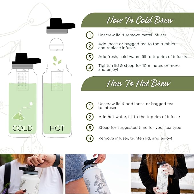 The Tea Spot Himalayan Tea Tumbler - Travel Bottle with Tea Infuser for Loose Leaf Tea or Iced Coffee - 32oz, White-Etched - Double-Walled Insulated Bottle - Keeps Drinks Hot & Cold for Hours - Bloomnest