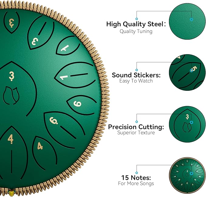 Steel Tongue Drum 12 Inch 15 Notes, Steel Drums Instruments for Kids Adults, Hand Pan Drum with Music Book, Drum Mallets and Carry Bag, Handpan C Major, Green - Bloomnest