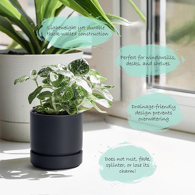 4 Inch Modern Plastic Round Pots for Indoor Houseplants and Herbs, Pack of 3 Planter Pot with Drainage Hole & Saucer, Deep Water Catch Tray, Straight Cylindrical Pot for Plants, Matte Black, 23-D-R-2 - Bloomnest