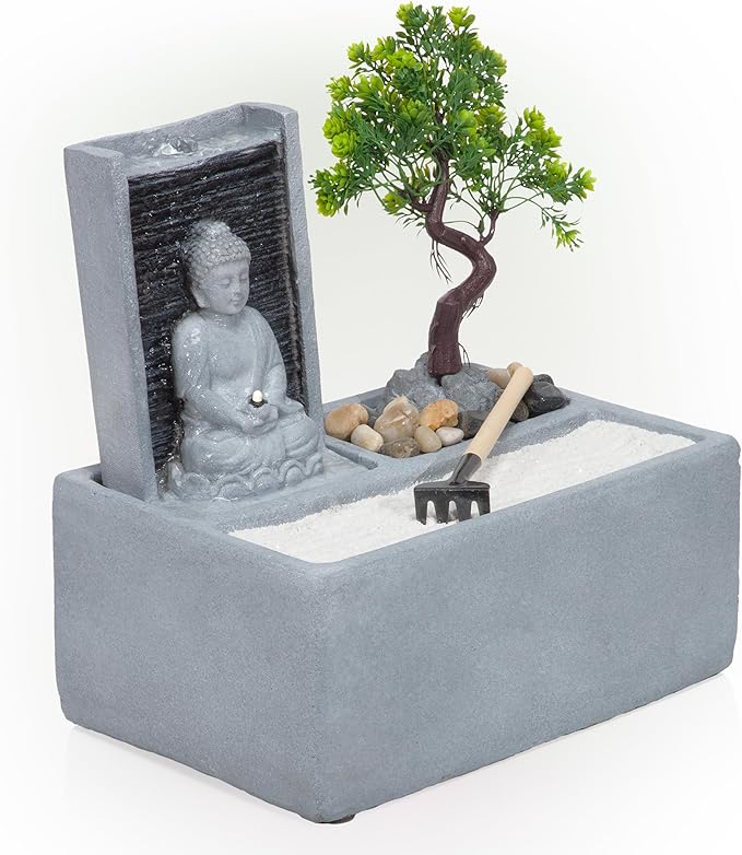 Alpine Corporation DIG278 13" Indoor/Outdoor Tabletop Fountain with LED Lights, Buddha Bonsai Garden Water Feature for Home, Patio & Desk Décor, Gray - Bloomnest
