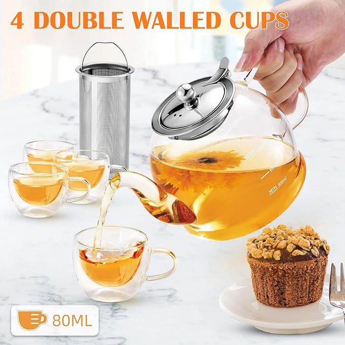 Tea Pot Set – 1200ml Glass Teapot with Removable Stainless Steel Infuser, and 4 Glass Teacups, Stovetop Safe Tea Kettle Gift Set, Blooming and Loose Leaf Tea Maker Set - Bloomnest