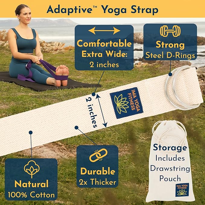 Adaptive Yoga Strap, Stretching Strap, 2 Inches Wide, 100% Naturally Soft Cotton, Steel D-Rings, Includes Natural Cotton Drawstring Storage Pouch and Instructional E-Book - Bloomnest