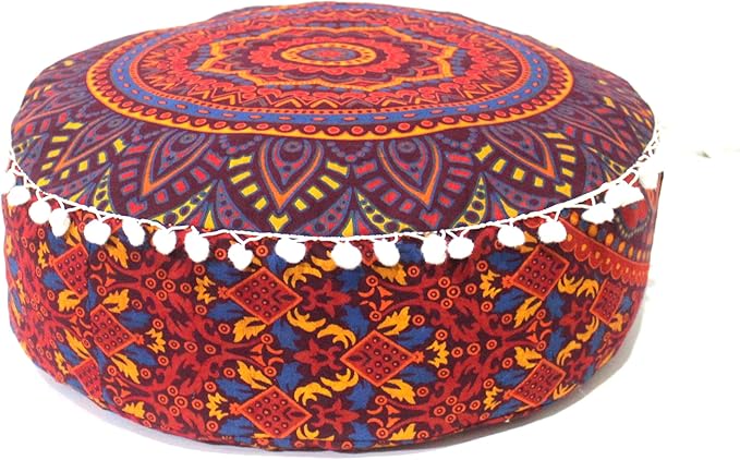INDIAN CRAFT CASTLE ICC Floor Pillows & Cushion Covers Decorative Hippie Mandala Pouf Pillow Covers Seating Meditation Cushion Cover Large Boho Ottoman Case Pillowcase Couch New Orange, 18" Round - Bloomnest