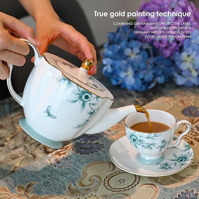 ACMLIFE Bone China Tea Cups and Saucers for 1, 6.8 oz Teacup Set for Adults, with Gold Trim and Gift Box, Blue and White Chinese English British Wedding Tea Set for One Coffee Cup Set (Blue-Leaf) - Bloomnest