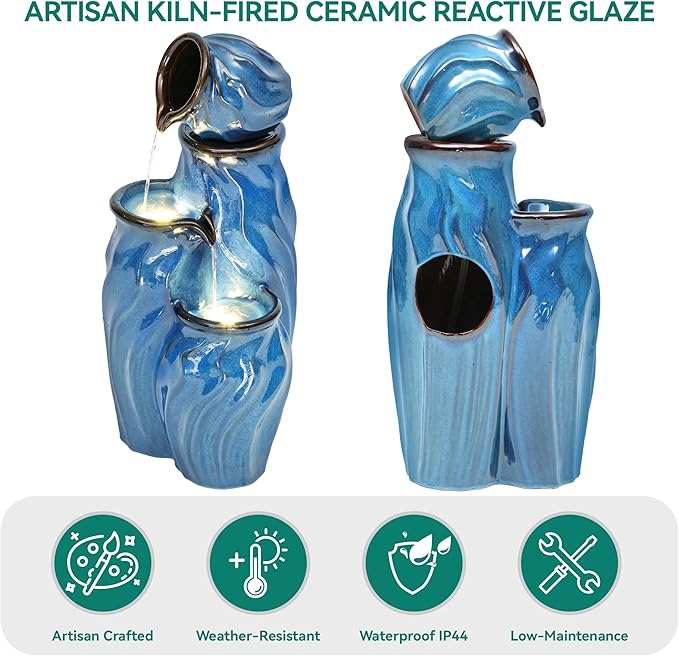 29" Ceramic Outdoor Fountain with Lights, 4-Tier Pots Waterfalls Patio Water Fountain, Tranquil Oasis for Relaxing Garden, Yard, or Porch Decor, Turquoise, Dynamic Wave-Texture - Bloomnest