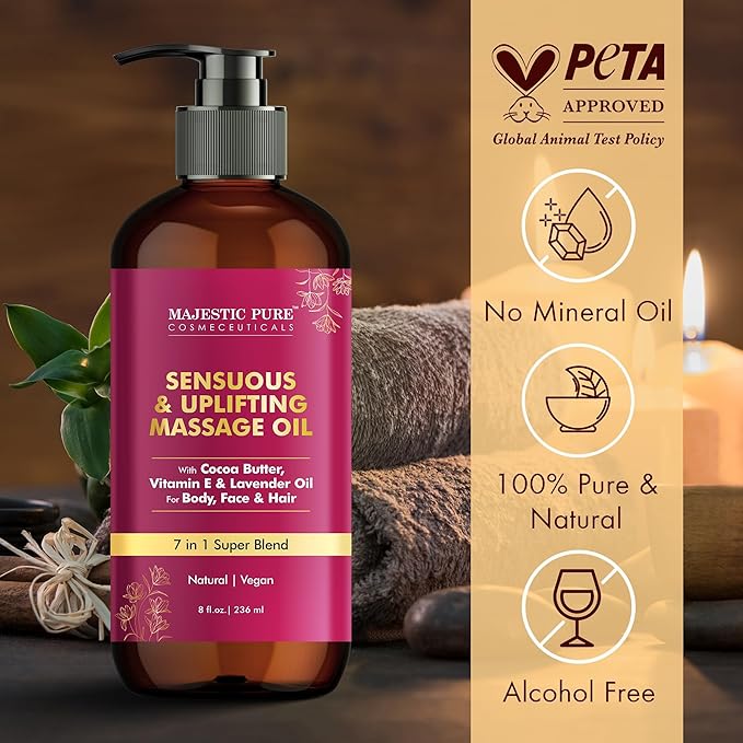 MAJESTIC PURE Cocoa Massage Oil for Massage Therapy - Refreshing, and Relaxing - Natural Oils with Cocoa Butter, Vitamin E & Lavender Oil - for All Skin Types - Men and Women - 8 fl oz - Bloomnest