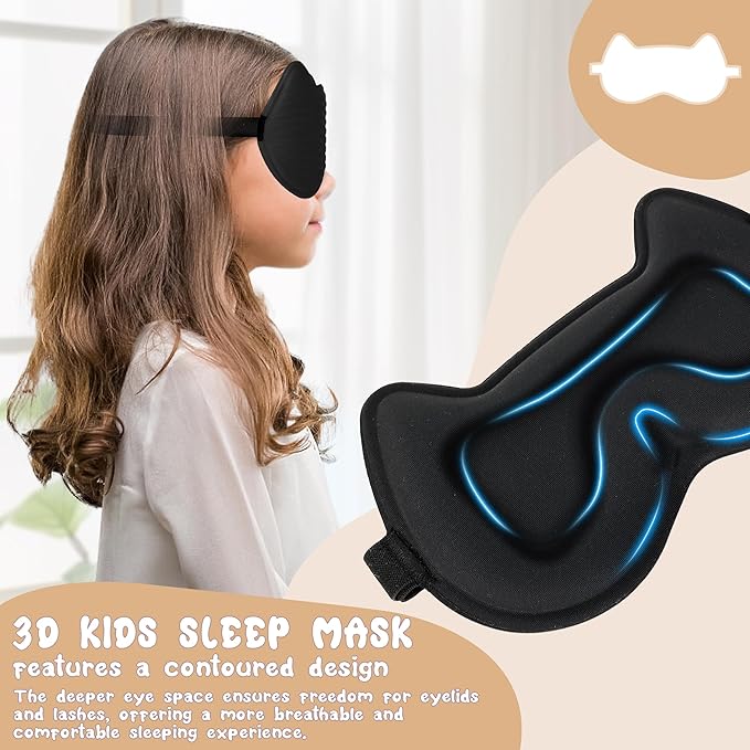 Kids Sleep Mask Eye Mask: 3D Contoured Cup Sleeping Masks, Blindfold with Adjustable Strap, Kids Eye Cover for Boys, Girls, Teens, Pressure-Free with Memory Foam Face Mask for Sleeping (Black) - Bloomnest