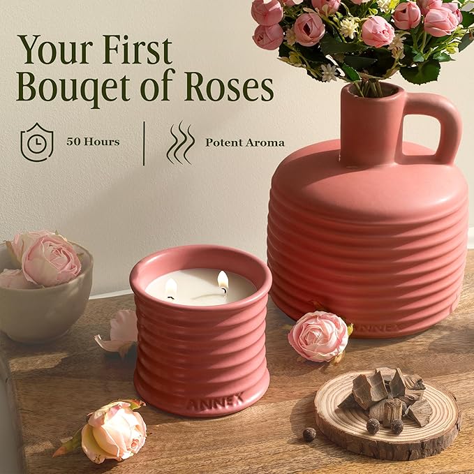 Scented Luxury Candles in Handmade Ceramic Jars, Soy Wax | Canal Rose – Rose Bud & Oud Scented, Large Candle | Non Toxic, 2 Wicks, Reusable Big Pink Jar | Natural Spring Aromatherapy for Women & Men - Bloomnest