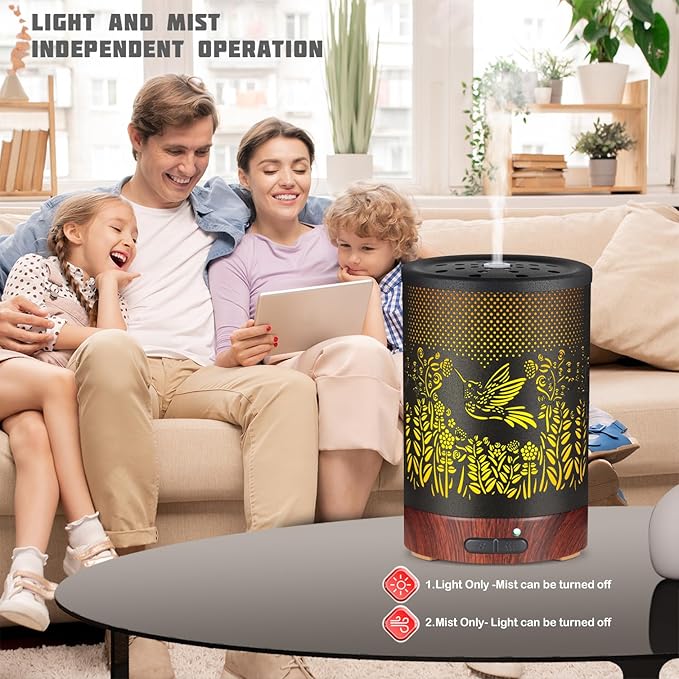 Metal Essential Oils Diffuser 150ML Aromatherapy Diffuser Cool Mist Humidifier with 7 Colors Lights Waterless Auto Off Air Diffusers as Gifts for Moms Women Girls (D-Hummingbird) - Bloomnest