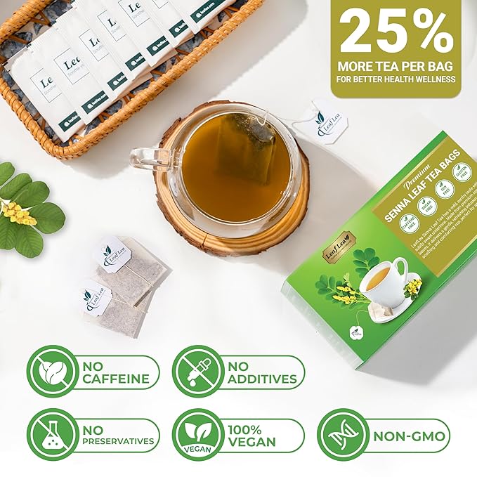 LeafLea 120 Senna Tea Bags – Pure Senna Herbal Laxative Tea, Naturally Supports Constipation Relief & Digestive Cleanse, Caffeine-Free, No Sugar, No Gluten, Non-GMO, Vegan, Individually Wrapped - Bloomnest