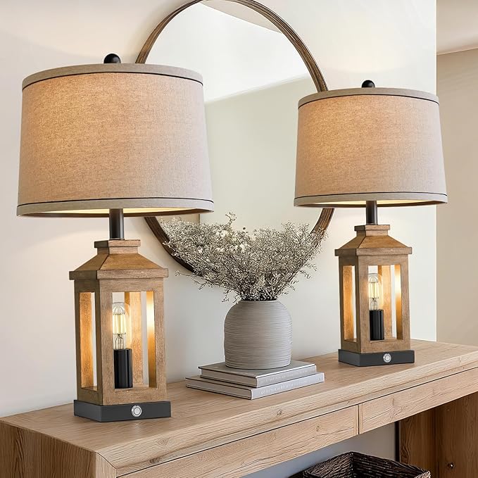 BOBOMOMO 23.75" Natural Wood Farmhouse Table Lamps Set of 2 – Retro Nightstand Lamps with 3 Way Dimmable Touch Control Night Light & USB A+C Ports, Rustic Lamps for Living Room, Bedroom, Entryway