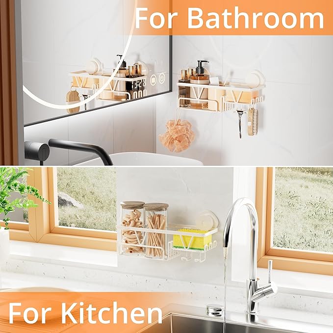 KEGII Shower Caddy Suction Cup with Soap Holder and Hooks, Removable Suction Bathroom Organizer Shelf, No Drilling Shower Organizer, Stainless Steel Shampoo Holder for Bathroom Storage, Cream White - Bloomnest