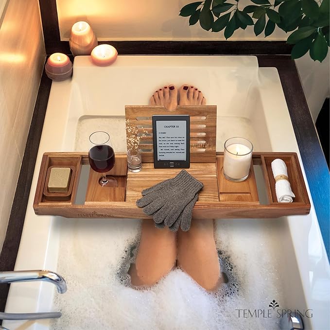 Temple Spring Wooden Bathtub Tray, Acacia Bathroom Accessories, Bath Tray for Tub, at Home Spa Essentials, Board for Tub Table, Bath Caddy for Bathtub Accessories & Bathroom Essentials - Not Teak - Bloomnest