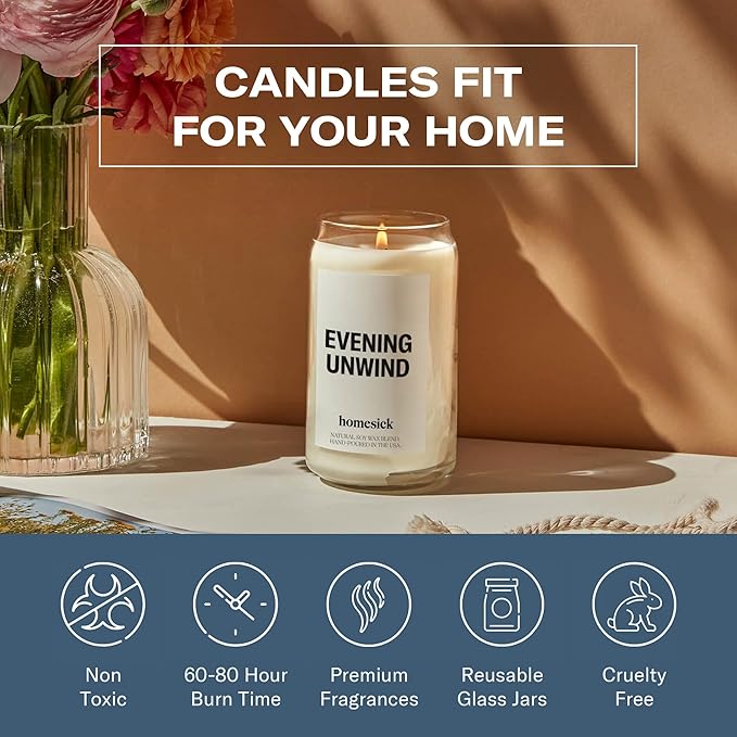 Homesick Scented Candles for Home (Evening Unwind) - 13.75 oz Long-Lasting Natural Soy Wax Blend Jar Candle Gifts for Women & Men, 60-80 Hours Burn Time - Notes of Valencia Orange, Melon & Moss - Bloomnest