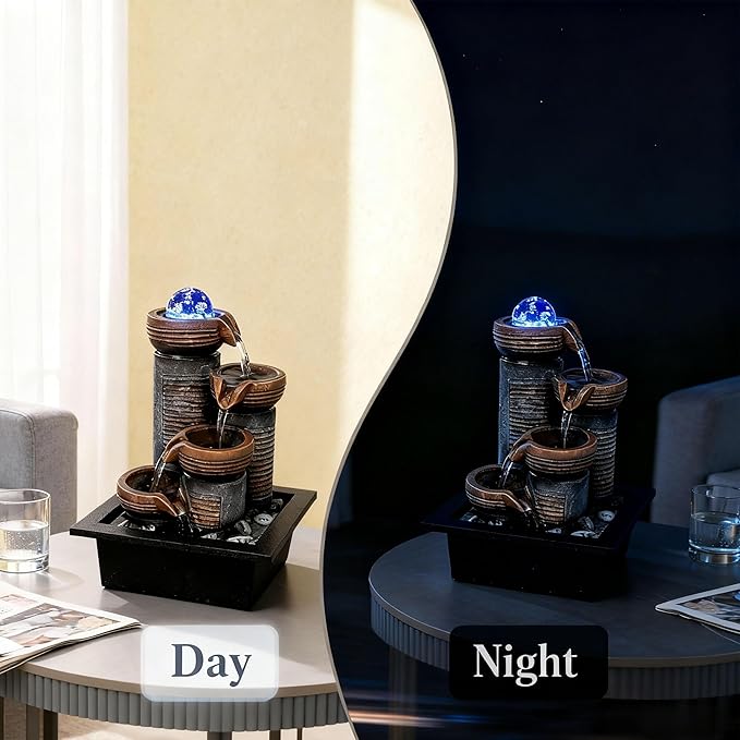 Soothing 4-Tier Tabletop Fountain with led Crystal Ball - Indoor Waterfall Fountain for Desk, Perfect Zen Decor for Office, Home, or Gift, Featuring Quiet Pump and Compact Design GIDITA