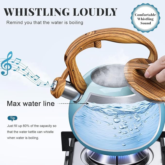 GGC Tea Kettle for Stove Top, 3.1QT/3L Whistling Tea Kettles for Boiling Water Coffee or Milk, Gradient Gray Tea Pot with Wood Parttern Handle, Stainless Steel Tea Pot for Home and Kitchen - Bloomnest