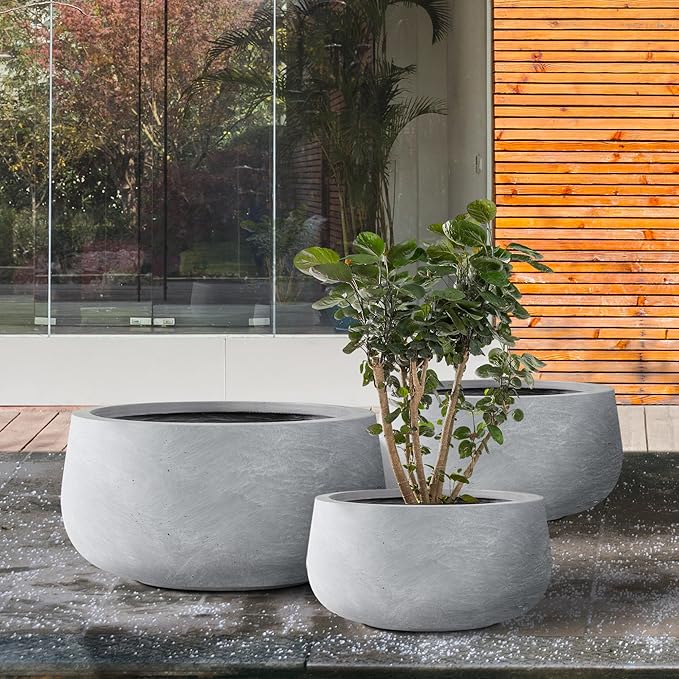 Kante 19.6",15.7",11.8" Dia Round Concrete Planters Set of 3, Cement Plant Pots with Drainage Hole and Rubber Plug for Outdoor Indoor Garden Home, Modern Curvaceous Design, Gray - Bloomnest