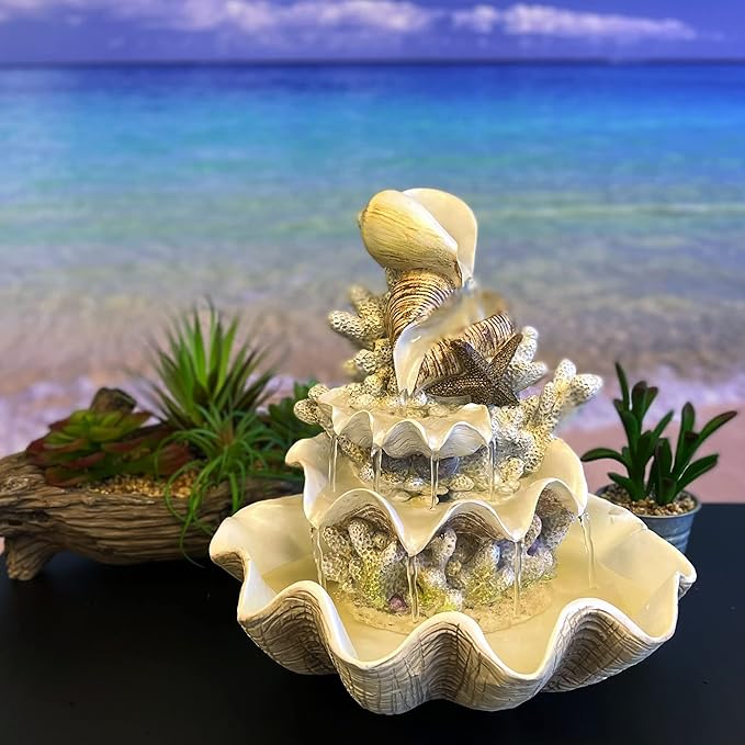 10.5" H Coral Reef Shell Fountain Indoor Fountain with LED Lights and Adjustable Motor Pump (Power Cord Attached) (Resin) - Bloomnest
