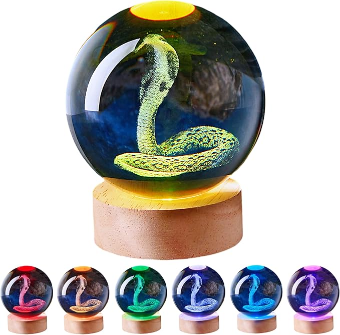 3D Large Snake Crystal Ball Night Light with Wooden Base, Cobra Crystal Lamp Gift for Kids Wife Friends, 16 Color Changing with Remote Control, Laser Engraved 3.15 inch Glass Ball Lamp (Snake) - Bloomnest