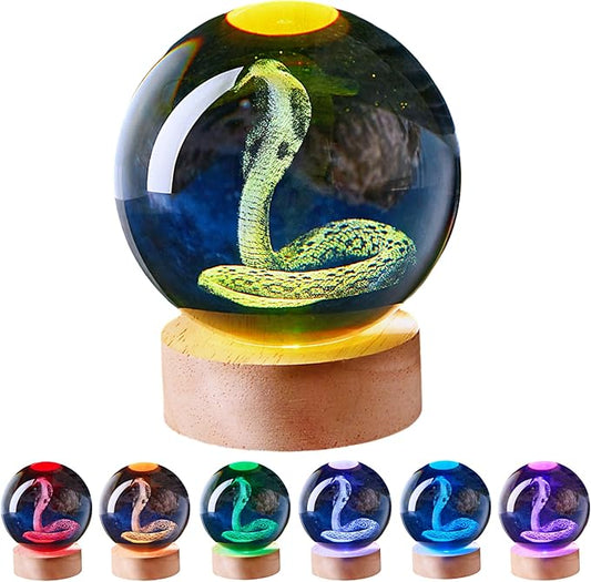 3D Large Snake Crystal Ball Night Light with Wooden Base, Cobra Crystal Lamp Gift for Kids Wife Friends, 16 Color Changing with Remote Control, Laser Engraved 3.15 inch Glass Ball Lamp (Snake) - Bloomnest