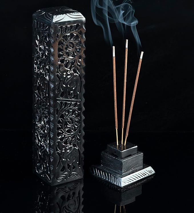 Crocon Black Marble Soapstone Incense Stick Burner Square Shape Leaf & Half Wheel Carving Tower Burner | Tea Light Candle Holder | Decorative Home & Kitchen Size - LxWxH 3X3X11 Inch