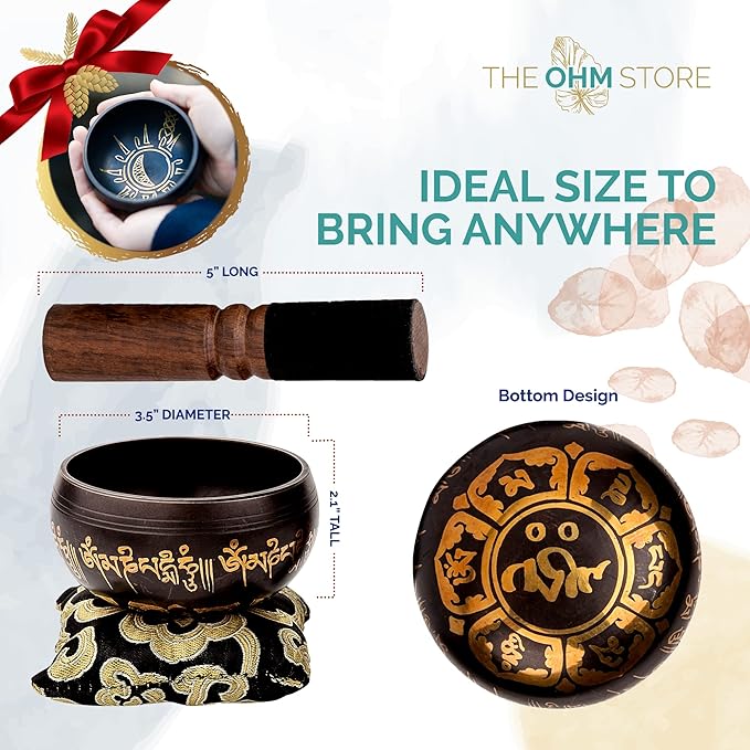 Sun in Moon Singing Bowl Set by Ohm Store — Black Etched Sound Bath Bowl Instrument — Unique, Handmade for Spiritual Healing, Reflection, Boho Décor, and Meditation - Bloomnest