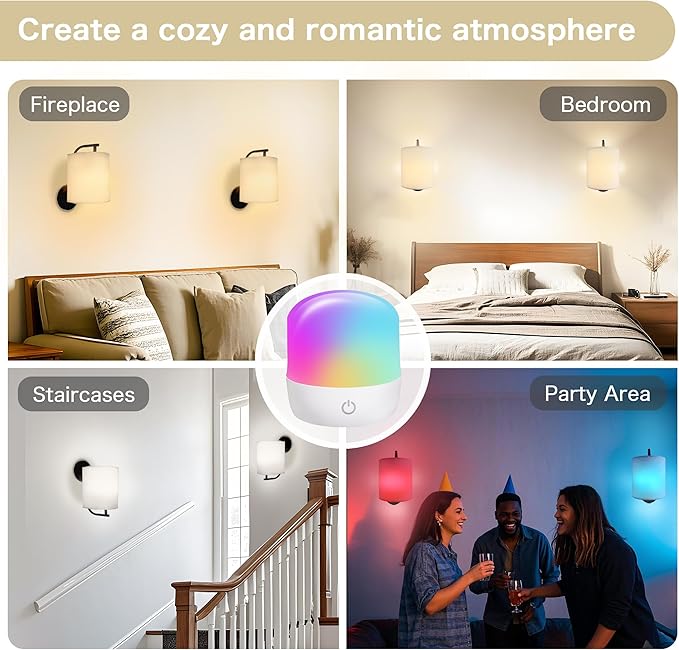 Rechargeable Battery Operated Wall Sconces Set of 2, Wireless Wall Lights with Remote Control 12 RGB Colors Magnetic Bulbs 5200mAh Battery Wireless Sconces for Bedroom Living Room (Black) - Bloomnest