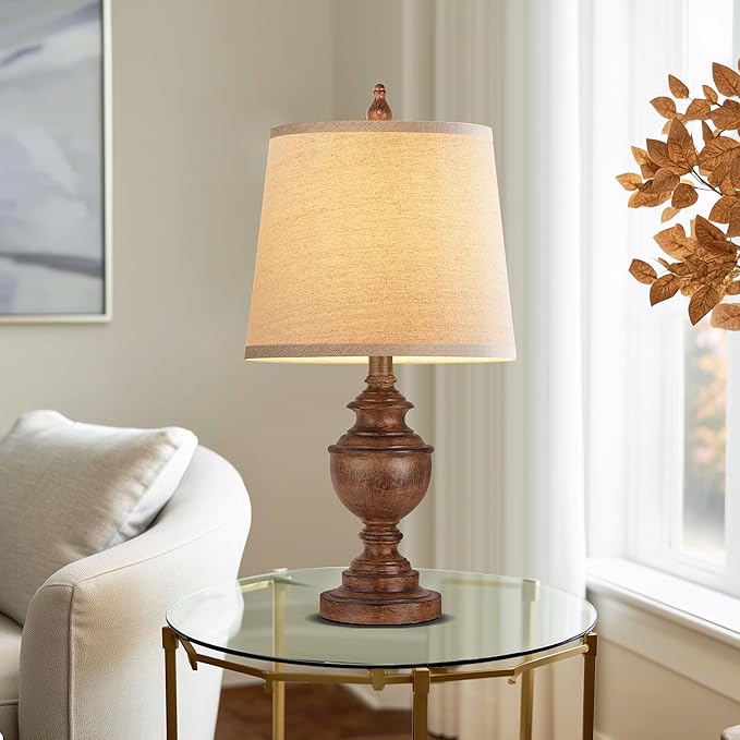 PARTPHONER Retro Table Lamps Set of 2, Bedside Lamp for Bedroom Rustic Farmhouse Table Lamps for Living Room, Vintage Nightstand Lamps with White Shades, Wood Grain - Bloomnest