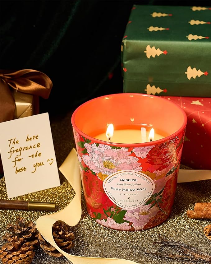M&SENSE Spicy Mulled Wine Scented Candle, 28.2oz 3 Wick Natural Soy Wax Large Candles, Long Lasting Clean Slow Burning No Toxic Décor for Home Relaxation, Romantic Dates & Gift-Giving - Bloomnest