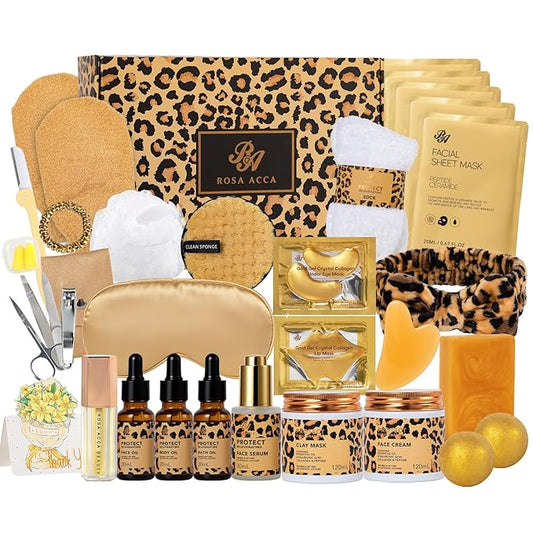32 Pcs Valentines Day Gifts for Women, Leopard Facial Skin Care Set, Spa & Self-Care Kit, Bath and Body Gifts, Lip Oil, Face Sheet Mask, Serum, Birthday, Christmas, Mothers Day