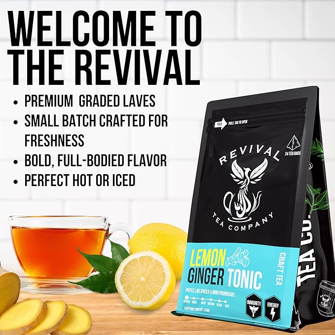 Revival Tea Company Lemon Ginger Tonic - Caffeine Free Herbal Tea Blend with Lemongrass and Ginger - 24 Tea Bags - Bloomnest