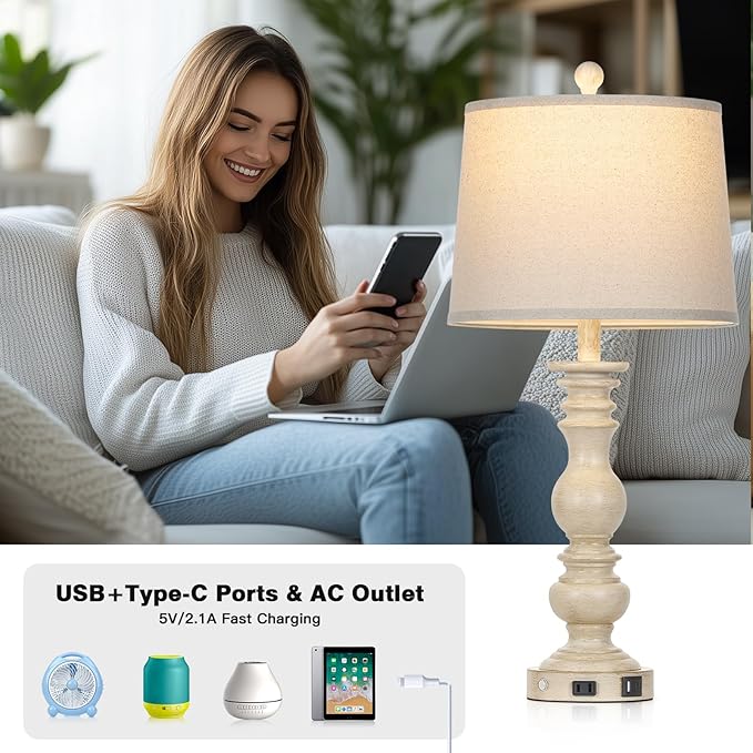 28" Farmhouse Table Lamps Set of 2 with USB C+A Ports & AC Outlet for Vintage Living Room Retro Bedroom,3-Way Dimmable Touch Lamp Resin Bedside Lamps for Nightstand Side End Table, Beige - Bloomnest