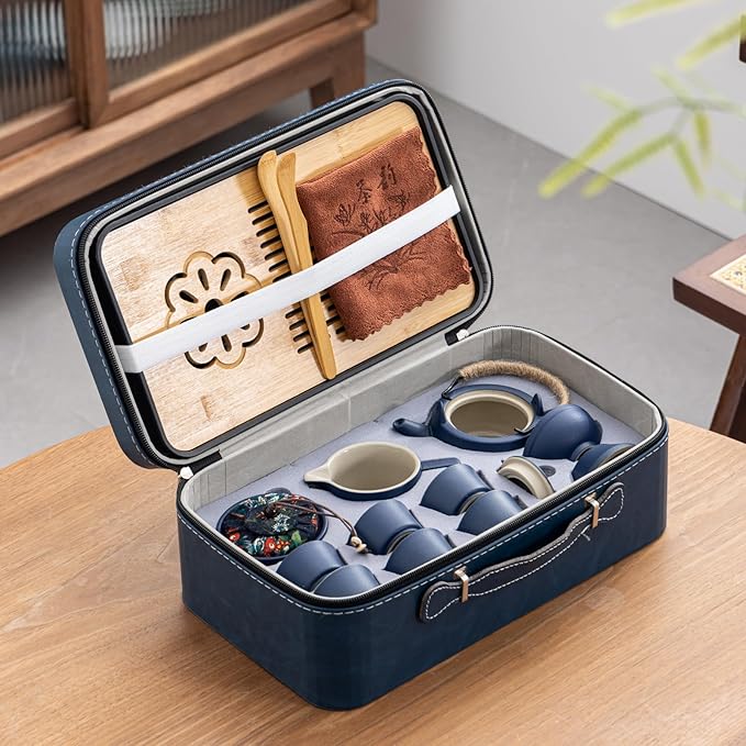 Travel tea set,Portable ceramic tea set,Chinese tea set,Tea sets for adults,Tea pot sets,Portable Travel Bag,Home,Gifting,Outdoor and Office,茶具 (Blue) - Bloomnest