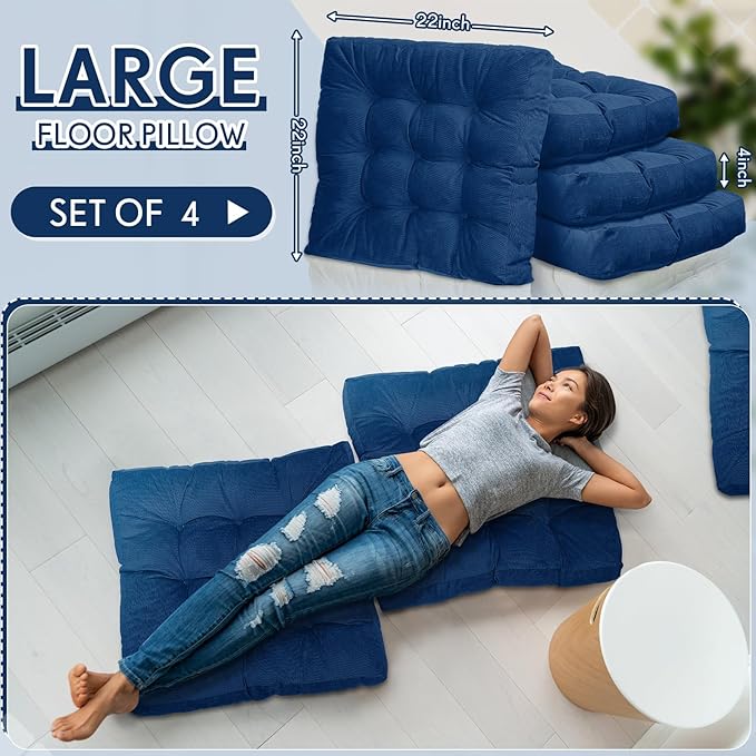 Jerify Floor Pillow Cushions 22 x 22 Inch Round Square Large Meditation Floor Pillow for Classroom Adult Meditation Picnic Party Cushion for Seating Gift Christmas(Square,Navy Blue,4 Pcs) - Bloomnest