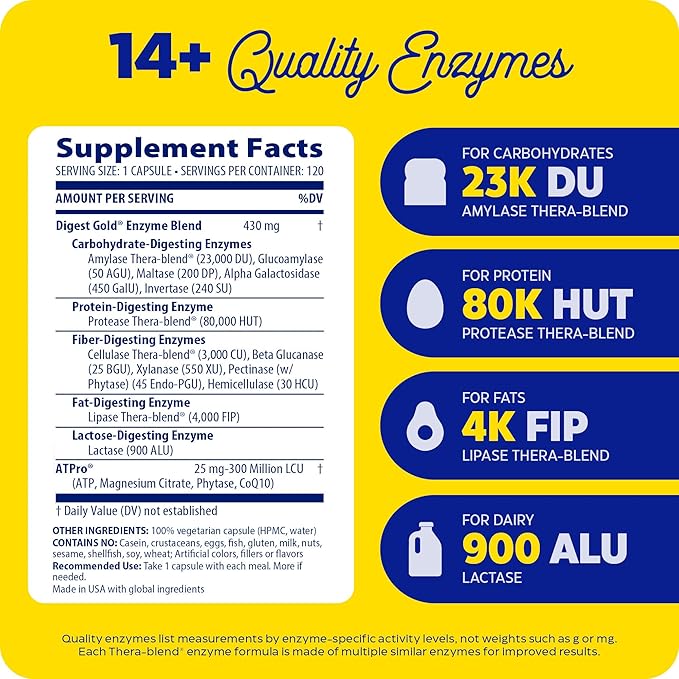 Enzymedica Digest Gold + ATPro, Maximum Strength Enzyme Formula, Prevents Bloating and Gas, 14 Key Enzymes Including Amylase, Protease, Lipase and Lactase, 120 Capsules - Bloomnest