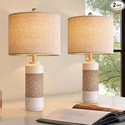 OYEARS 23.75" Bedside Table Lamps Set of 2 for Sleeping and Reading, Vintage Farmhouse Rattan Table Lamp Antique White Resin Lamp for Decoration, Office Living Room Bedside Table - Bloomnest