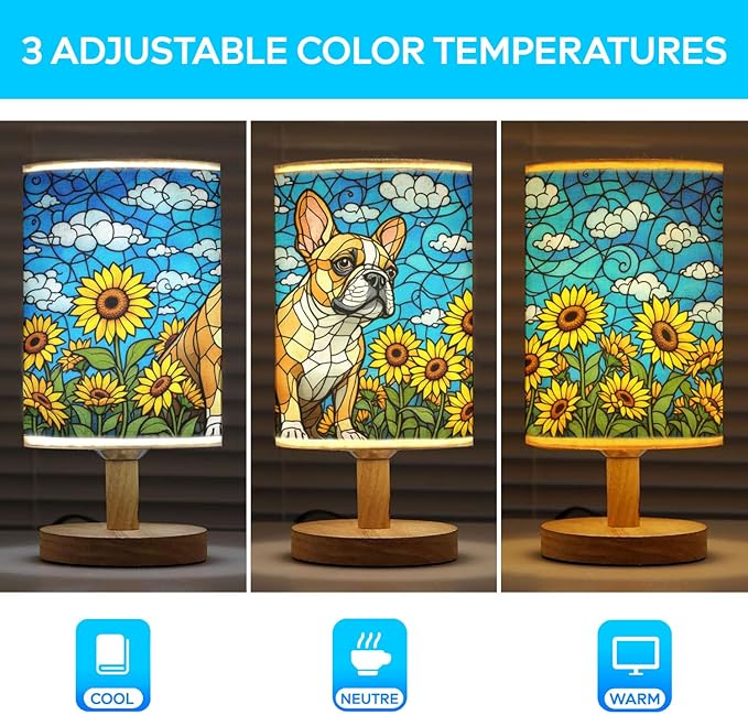 French Bulldog Table Lamp LED 3-Color Pressed Bedside, Dog Shade Lamp with Wood Base for Bedroom Living Room Desk Office - Bloomnest