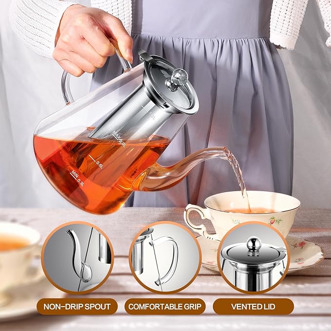 Glass Teapot, 1200ml (40oz) Tea Pot with Infuser for Loose Tea and Blooming Tea, Stovetop Safe Tea Kettle, Hand Crafted Borosilicate Glass Tea Maker with Scale Line, Tea Gift Set for Tea Lovers - Bloomnest