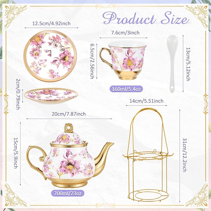 Zhehao 20 Pcs Porcelain Tea Set with Metal Holder and Spoon Adult Ceramic Tea Set European Flower Painting Teapot Cup Saucer Spoon for Women, Large Version(Purple Style) - Bloomnest