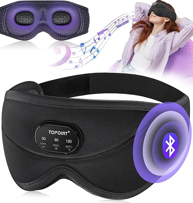 TOPOINT Sleep Mask with Bluetooth Headphones, 3D Eye Mask for Sleep Headphones with White Noise, Total Blackout, 5.4 Bluetooth, Timer, 15 Hours for Women Men, Travel, Meditation, Nap, CPAP Users - Bloomnest