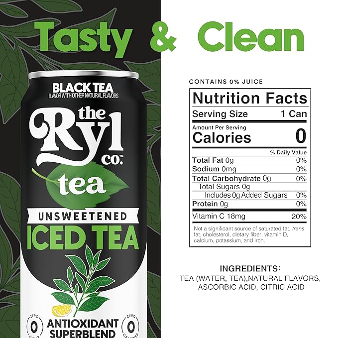 Ryl Iced Tea, Unsweetened Black Tea, Antioxidant Superblend, Zero Sugar, Zero Carb, Zero Calorie Iced Tea, 16.0 Fl Oz (12-Pack) - Bloomnest