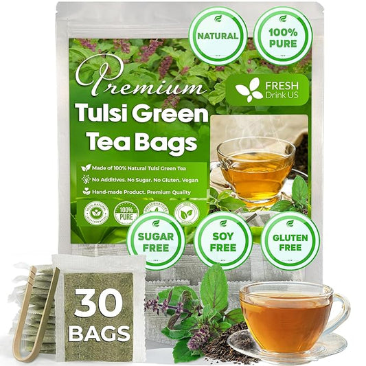 FreshDrinkUS, Premium 30 Tulsi Green Tea Bags, 100% Natural, Blend of Tulsi Holy Basil Leaves, and Green Tea Leaves. Made with Natural Material Tea Bags. No Sugar, Vegan. - Bloomnest