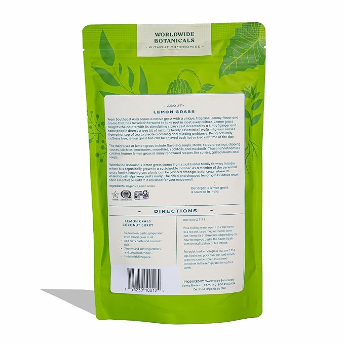 Worldwide Botanicals Organic Lemon Grass Leaves – 7oz - Loose Leaf - Cut and Sifted – 100% pure Cymbopogon citratus - Zacate de limon - Resealable Bag for Freshness - Perfect for Cooking and Tea - Bloomnest