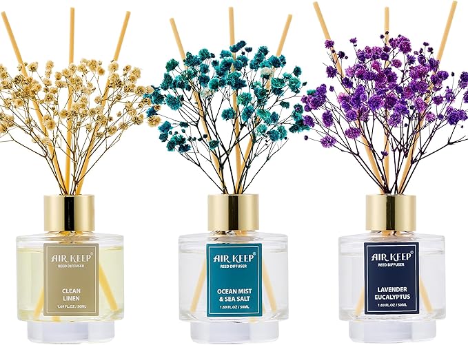 Airkeep Reed Diffuser Set of 3,Clean Linen Ocean Mist&Sea Salt Lavender Eucalyptus Oil Reed Diffusers for Bedroom Living Room Office Aromatherapy Oil Reed Diffuser for Gift 50ml x 3 - Bloomnest